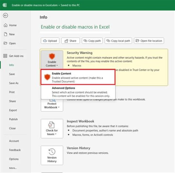 How do I turn off macro security warning?